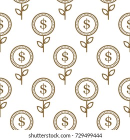 Dollar currency symbol floral abstract seamless vector pattern. Finance template backdrop concept design gold line on white.