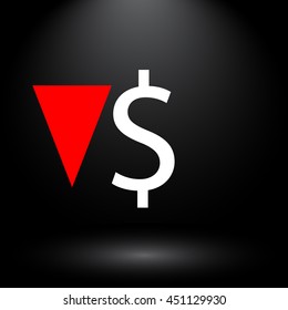 Dollar currency symbol with red down arrow in black studio. Vector illustrator eps10. Concept - low financial rate.