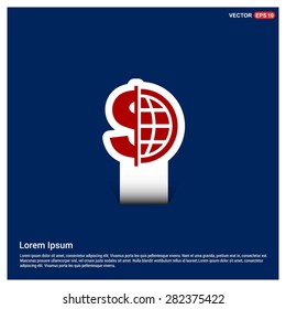Dollar currency symbol with world globe icon - abstract logo type icon - Red & white sticker icon on blue background. Vector illustration