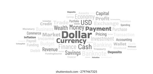 Dollar currency word cloud in minimal style focused on finance, banking and money management concepts.