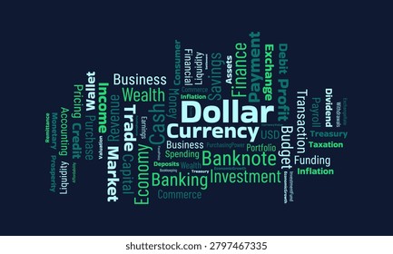 Dollar currency word cloud on dark background highlighting financial growth, banking and investment opportunities.