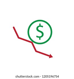 Dollar Decrease Icon. Business Crisis Illustration. Bankrupt Icon.