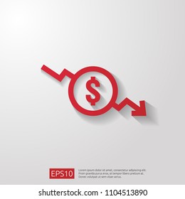 dollar decrease icon. Money symbol with arrow stretching rising drop fall down. Business cost reduction icon. vector illustration.