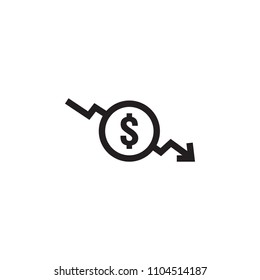 dollar decrease icon. Money symbol with arrow stretching rising drop fall down. Business cost reduction icon. vector illustration.