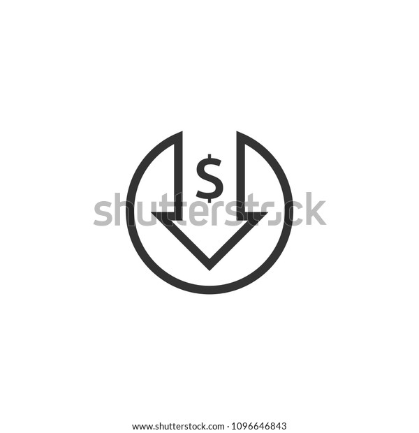 dollar decrease icon. Money symbol with\
arrow stretching rising drop fall down. Business cost reduction\
icon. vector\
illustration.