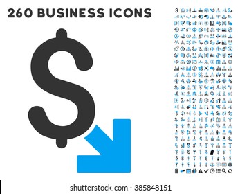 Dollar Decrease icon within 260 vector business pictogram set. Style is bicolor flat symbols, light blue and gray colors, white background.