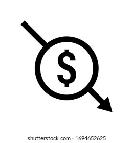 Dollar decrease. Vector isolated icon. Dollar crisis down arrow. Dollar vector rate decrease icon. Money fall down symbol. EPS 10