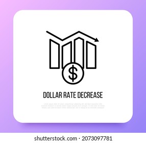 Dollar decreasing chart thin line icon. Business analytics. Inflation, negative report. Modern vector illustration.