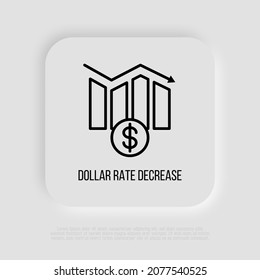 Icono de línea delgada de la gráfica de disminución de dólares. Análisis de negocios. Inflación, informe negativo. Ilustración vectorial moderna.