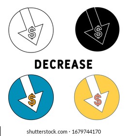 Juego de iconos de disminución de dólares: símbolo de flecha cayendo hacia abajo. Recorte de tasas, crisis financiera, reducción de precios, reducción de costes. Adecuado para aplicaciones web, aplicaciones móviles y medios impresos.