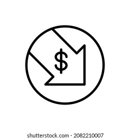 Dollar decreasing thin line icon: arrow symbol falling down. Rate cut, finance crisis, price reduction. Vector illustration.