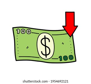 Dollar deflation symbol, a hand drawn vector doodle illustration of a hundred dollar paper bill with a red arrow pointing down, isolated on white background.
