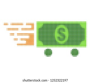 Dollar delivery halftone dotted icon with fast speed effect. Vector illustration of dollar delivery designed for modern abstraction with symbols of speed, rush, progress, energy.