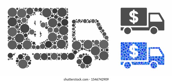 Dollar delivery mosaic of small circles in variable sizes and shades, based on dollar delivery icon. Vector random circles are united into blue mosaic.
