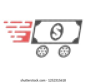 Dollar delivery wagon halftone dotted icon with fast speed effect. Vector illustration of dollar delivery wagon designed for modern abstract with symbols of speed, rush, progress, energy.