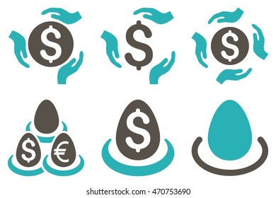 Dollar Deposit Care vector icons. Pictogram style is bicolor grey and cyan flat icons with rounded angles on a white background.