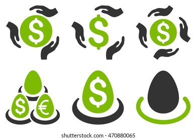 Dollar Deposit Care vector icons. Pictogram style is bicolor eco green and gray flat icons with rounded angles on a white background.