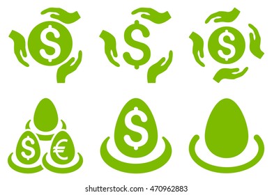 Dollar Deposit Care vector icons. Pictogram style is eco green flat icons with rounded angles on a white background.