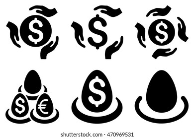 Dollar Deposit Care vector icons. Pictogram style is black flat icons with rounded angles on a white background.