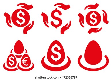 Dollar Deposit Care vector icons. Pictogram style is red flat icons with rounded angles on a white background.