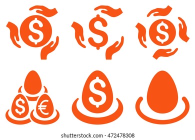Dollar Deposit Care vector icons. Pictogram style is orange flat icons with rounded angles on a white background.