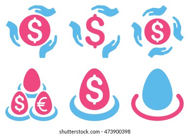 Dollar Deposit Care vector icons. Pictogram style is bicolor pink and blue flat icons with rounded angles on a white background.
