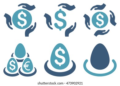 Dollar Deposit Care vector icons. Pictogram style is bicolor cyan and blue flat icons with rounded angles on a white background.