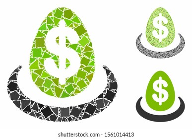 Dollar deposit composition of tuberous pieces in various sizes and color tints, based on dollar deposit icon. Vector tuberous pieces are united into illustration.