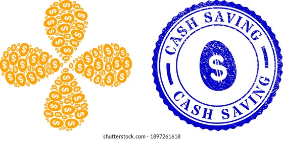 Dollar deposit egg centrifugal flower with four petals, and blue round CASH SAVING rough rubber print with icon inside. Object centrifugal explosion organized from oriented dollar deposit egg symbols.