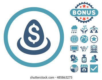Dollar Deposit Egg icon with bonus pictures. Vector illustration style is flat iconic bicolor symbols, cyan and blue colors, white background.