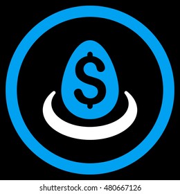 Dollar Deposit Egg rounded icon. Vector illustration style is flat iconic bicolor symbol, blue and white colors, black background.