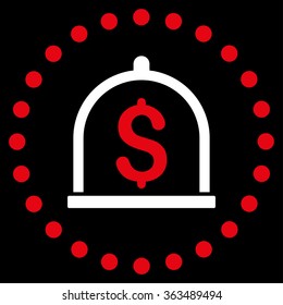 Dollar Deposit vector icon. Style is bicolor flat circled symbol, red and white colors, rounded angles, black background.