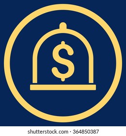 Dollar Deposit vector icon. Style is flat circled symbol, yellow color, rounded angles, blue background.