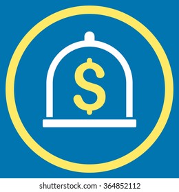 Dollar Deposit vector icon. Style is bicolor flat circled symbol, yellow and white colors, rounded angles, blue background.