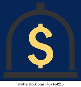Dollar Deposit vector icon. Style is flat symbol, yellow color, blue background.