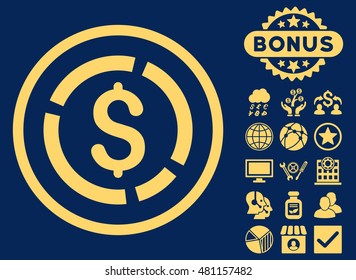 Dollar Diagram icon with bonus. Vector illustration style is flat iconic symbols, yellow color, blue background.