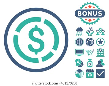 Dollar Diagram icon with bonus. Vector illustration style is flat iconic bicolor symbols, cobalt and cyan colors, white background.