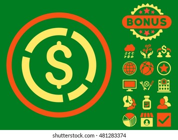 Dollar Diagram icon with bonus. Vector illustration style is flat iconic bicolor symbols, orange and yellow colors, green background.