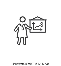 Dollar diagram presentation line icon. linear style sign for mobile concept and web design. Business woman and financial diagram outline vector icon. Symbol, logo illustration. Vector graphics
