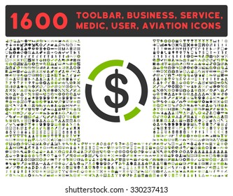 Dollar Diagram vector icon and 1600 other business, service tools, medical care, software toolbar, web interface pictograms. Style is bicolor flat symbols, eco green and gray colors, rounded angles