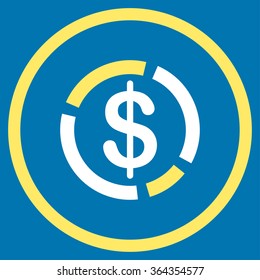 Dollar Diagram vector icon. Style is bicolor flat circled symbol, yellow and white colors, rounded angles, blue background.