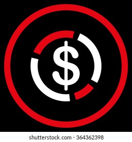 Dollar Diagram vector icon. Style is bicolor flat circled symbol, red and white colors, rounded angles, black background.