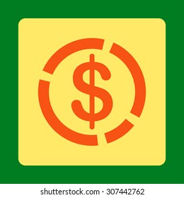 Dollar Diagram vector icon. This flat rounded square button uses orange and yellow colors and isolated on a green background.