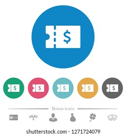 Dollar discount coupon flat white icons on round color backgrounds. 6 bonus icons included.