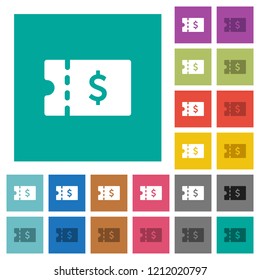 Dollar discount coupon multi colored flat icons on plain square backgrounds. Included white and darker icon variations for hover or active effects.