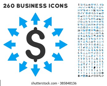 Dollar Distribution icon within 260 vector business pictogram set. Style is bicolor flat symbols, light blue and gray colors, white background.