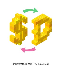 Dollar and dogecoin exchange concept assembled from plastic blocks in isometric style. Vector illustration.