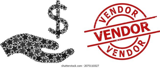 Dollar donation hand star mosaic and grunge Vendor seal stamp. Red stamp with unclean style and Vendor word inside circle.