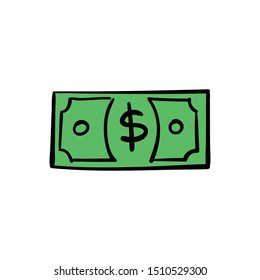 Dollar doodle, green bill scribble. Hand drawn money symbol. Hand drawn sketch illustration.