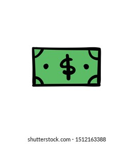 Dollar doodle, green bill scribble. Hand drawn money symbol. Hand drawn sketch illustration.